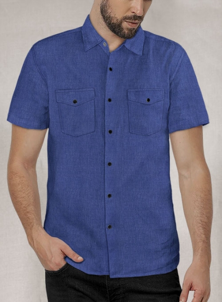 European Cruise Blue Linen Western Style Shirt - Half Sleeves