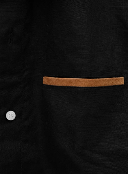 Pure Black Linen Leather Trim Shirt - Full Sleeves