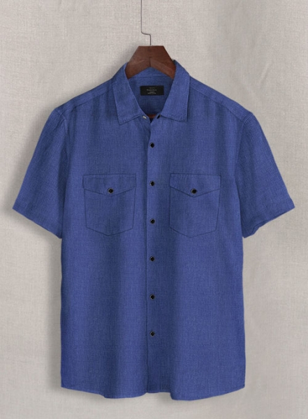 European Cruise Blue Linen Western Style Shirt - Half Sleeves