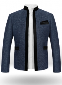 Blue Honey Comb Tweed Nehru Tuxedo Jacket