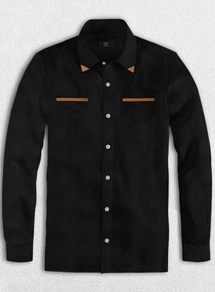 Pure Black Linen Leather Trim Shirt - Full Sleeves