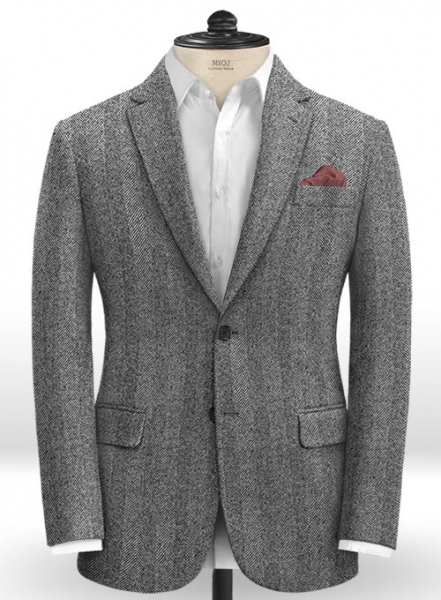 Italian Wide Herringbone Charcoal Tweed Suit