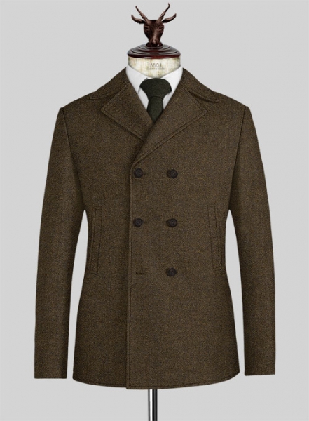 Bottle Brown Herringbone Tweed Pea Coat