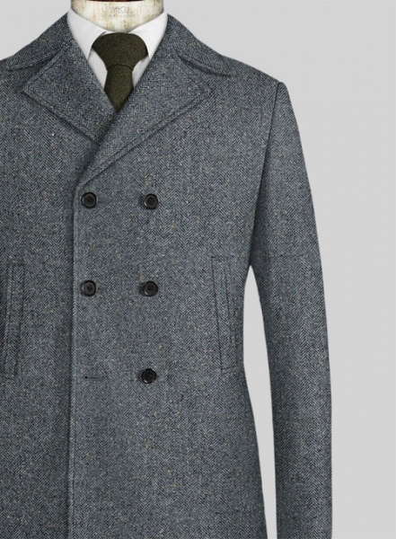 Mid Blue Herringbone Flecks Donegal Tweed Pea Coat