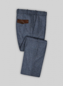 Vintage Herringbone Blue Tweed Pants - Leather Trims