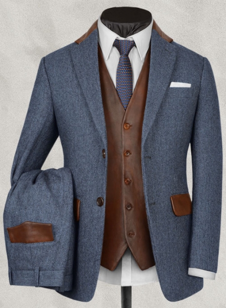 Vintage Herringbone Blue Tweed Suit - Leather Trims