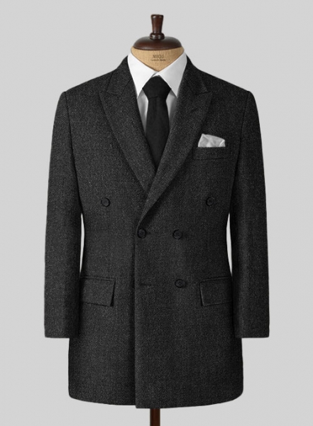 Charcoal Herringbone Tweed Double Breasted Overcoat