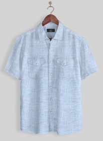 European Mist Blue Linen Western Style Shirt - Half Sleeves