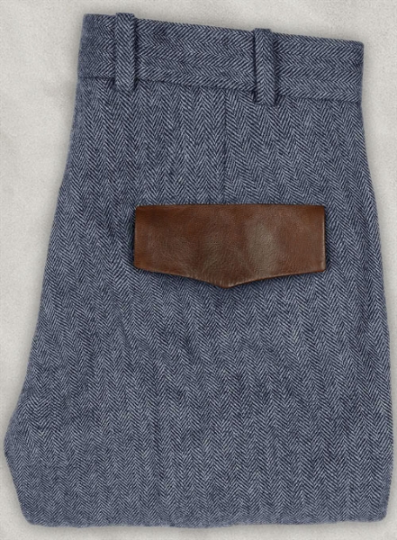 Vintage Herringbone Blue Tweed Pants - Leather Trims