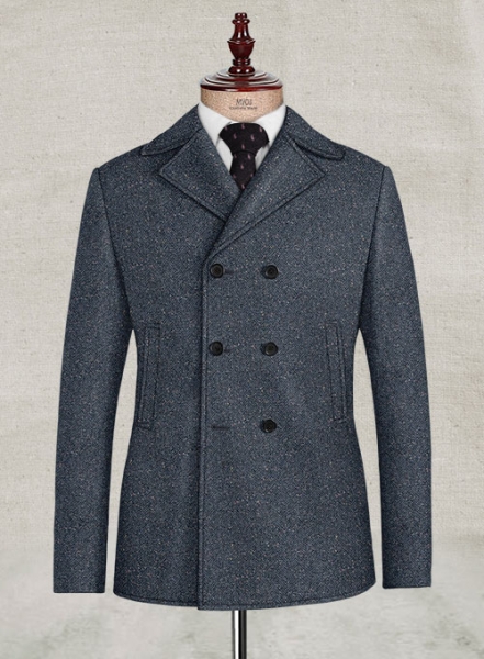 Arc Blue Herringbone Flecks Donegal Tweed Pea Coat