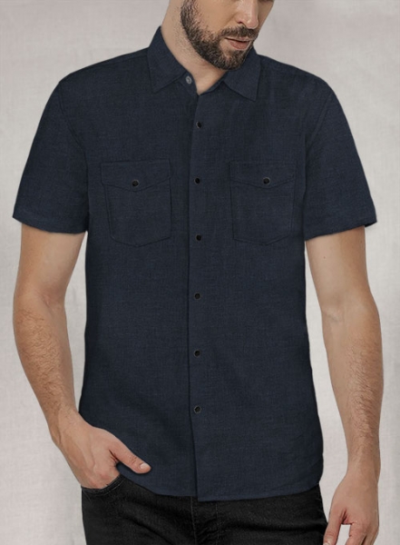 European Dark Blue Linen Western Style Shirt - Half Sleeves