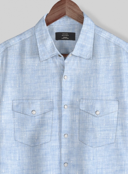 European Mist Blue Linen Western Style Shirt - Half Sleeves