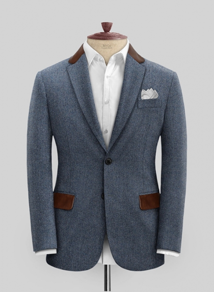 Vintage Herringbone Blue Tweed Jacket - Leather Trims