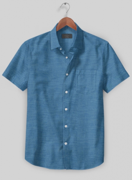 European Phthalo Blue Linen Shirt - Half Sleeves