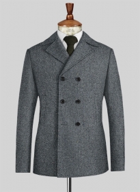 Mid Blue Herringbone Flecks Donegal Tweed Pea Coat