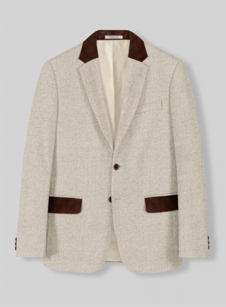 Vintage Herringbone Light Beige Tweed Jacket - Leather Trims