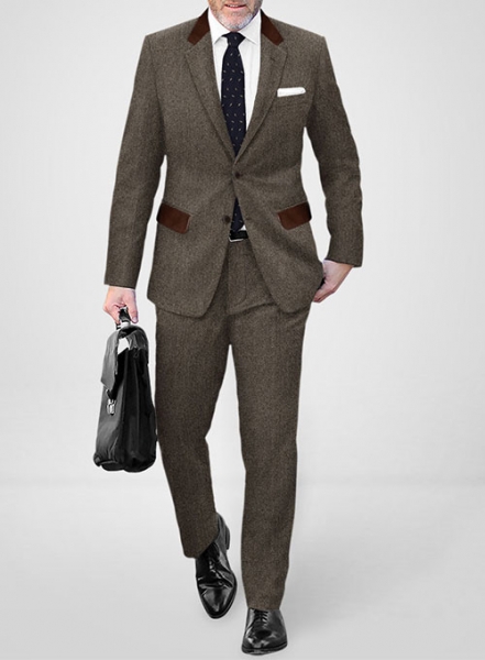 Vintage Dark Brown Herringbone Tweed Suit - Leather Trims