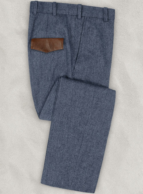 Vintage Herringbone Blue Tweed Pants - Leather Trims