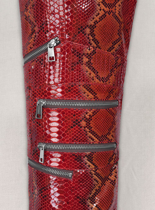 Bold Red Python Electric Zipper Mono Leather Pants