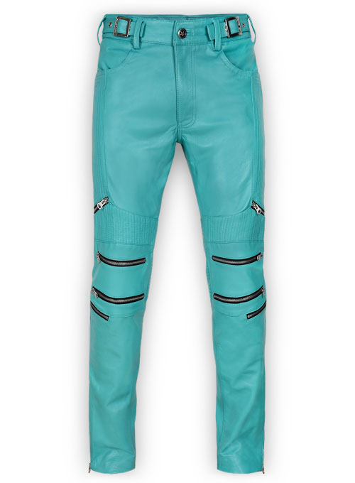 blue leather trousers