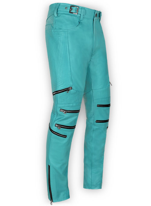 teal leather pants