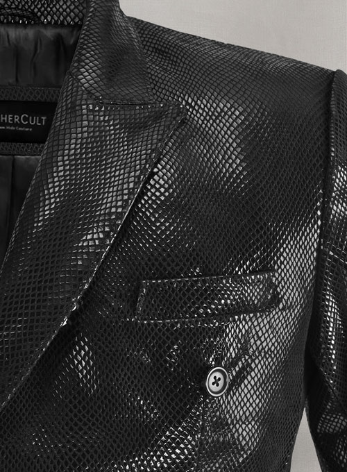 Snake Embossed Black Double Breasted Leather Suit