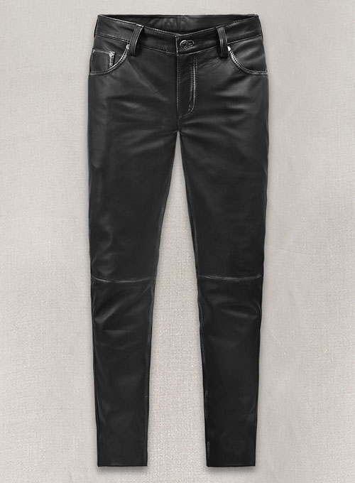 Rubbed Black Leather Jeans Style