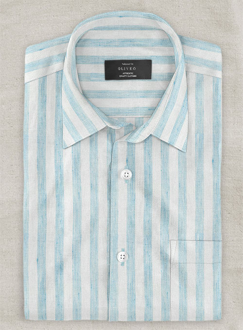 Dublin Blue Stripe Linen - Half Sleeves