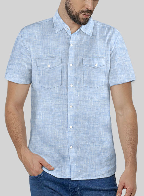 European Mist Blue Linen Western Style Shirt - Half Sleeves