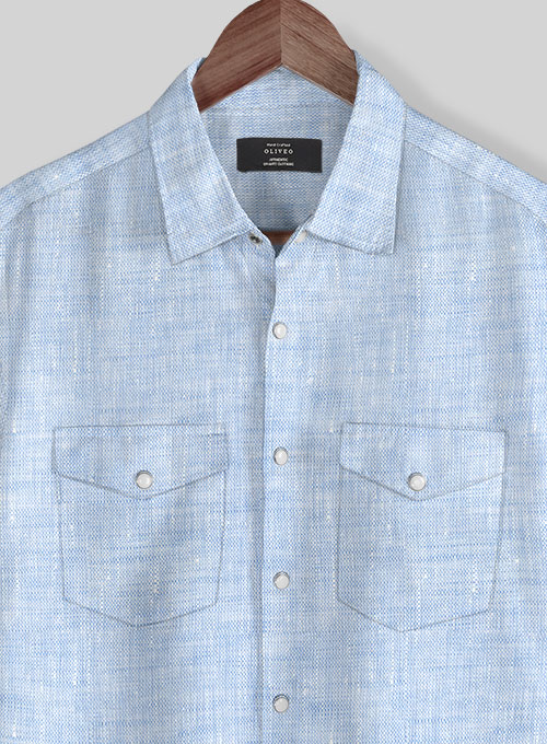 European Mist Blue Linen Western Style Shirt - Half Sleeves