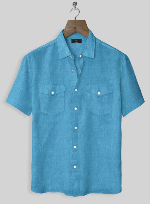 European Blue Linen Western Style Shirt - Half Sleeves