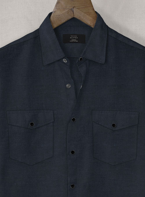 European Dark Blue Linen Western Style Shirt - Half Sleeves