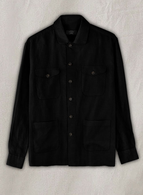 Safari Pure Black Linen Overshirt - Full Sleeves