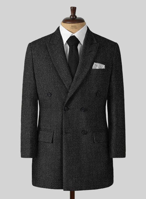 Charcoal Herringbone Tweed Double Breasted Overcoat