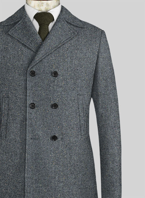 Mid Blue Herringbone Flecks Donegal Tweed Pea Coat