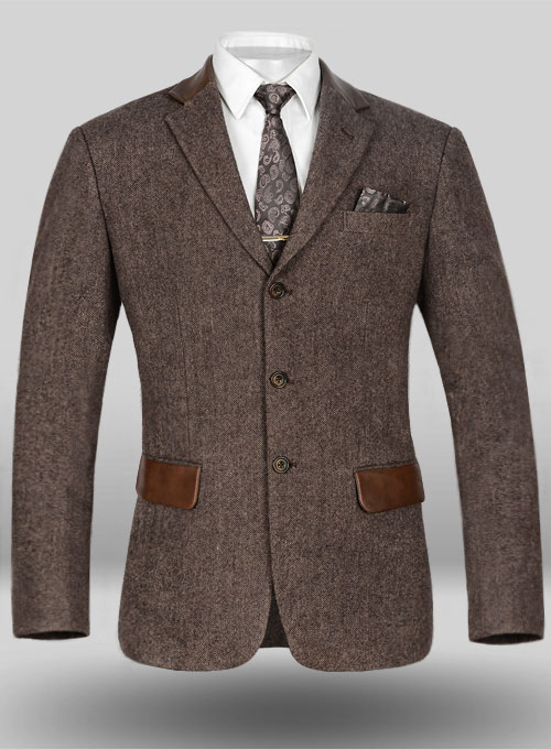 Vintage Dark Brown Herringbone Tweed Jacket - Leather Trims ...