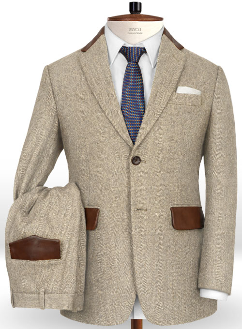 Vintage Herringbone Light Beige Tweed Suit - Leather Trims ...