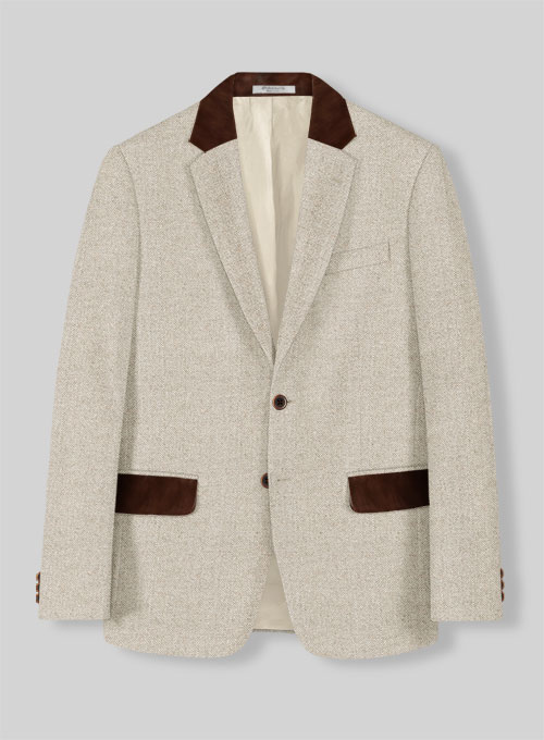 Vintage Herringbone Light Beige Tweed Jacket - Leather Trims