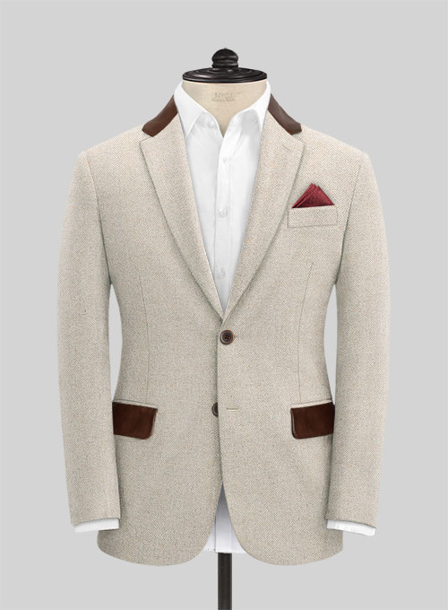 Vintage Herringbone Light Beige Tweed Jacket - Leather Trims