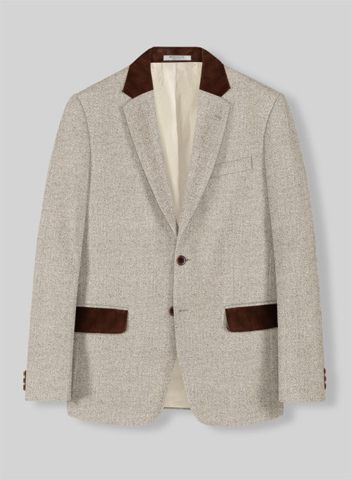 Vintage Herringbone Light Beige Tweed Jacket - Leather Trims