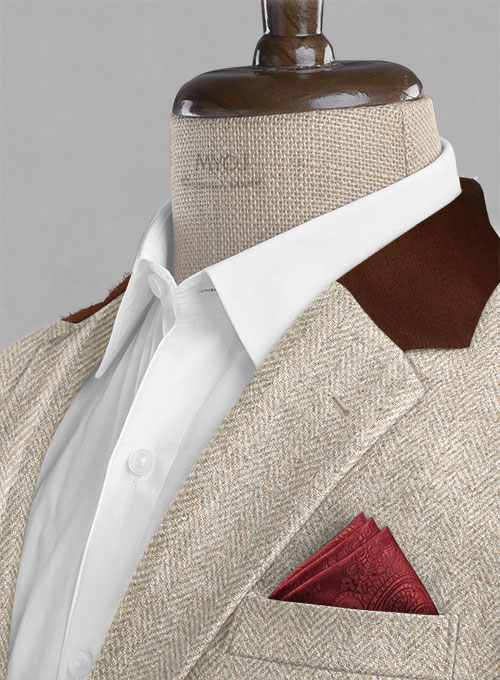 Vintage Herringbone Light Beige Tweed Suit - Leather Trims