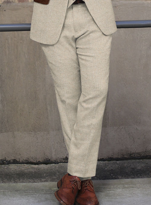 Vintage Herringbone Light Beige Tweed Suit - Leather Trims