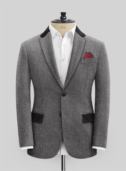 Vintage Herringbone Gray Tweed Suit - Leather Trims