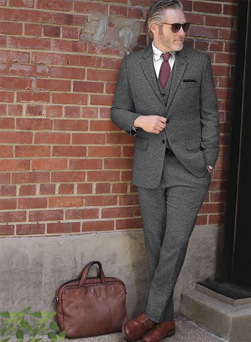 Vintage Plain Dark Gray Tweed Suit