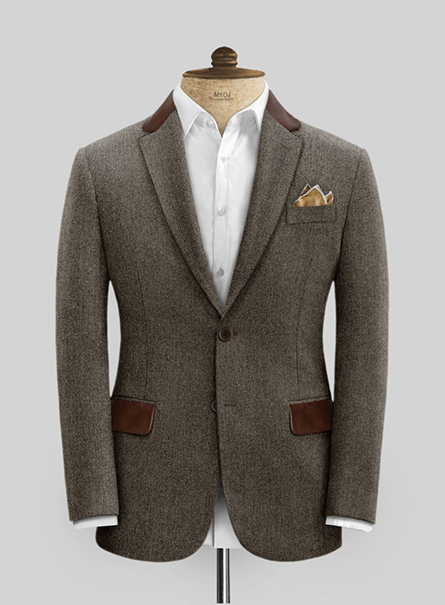 Vintage Dark Brown Herringbone Tweed Suit - Leather Trims