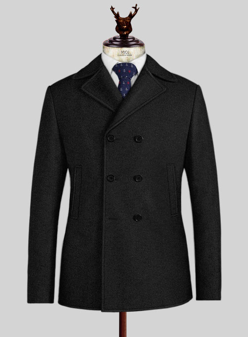 Vintage Plain Black Tweed Pea Coat